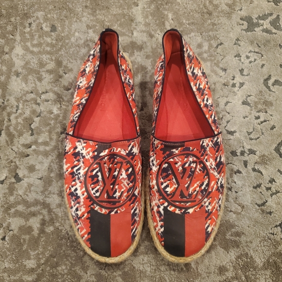 Louis Vuitton Red/Black Canvas Postcard Espadrille Flats 37.5 - Picture 2 of 7